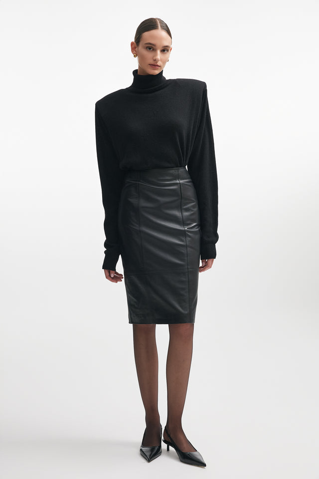 LONDON LEATHER MIDI SKIRT BLACK