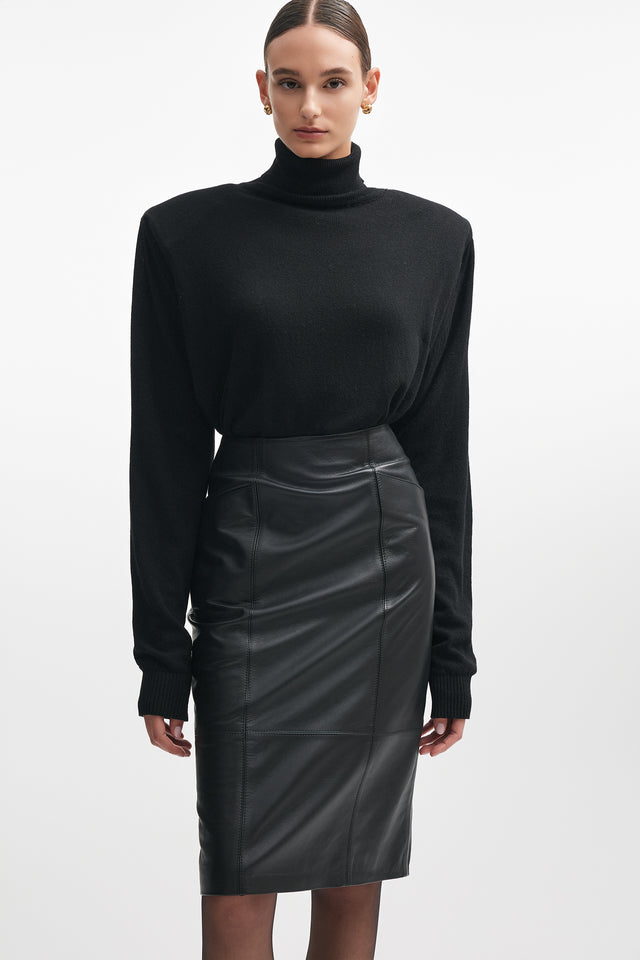 LONDON LEATHER MIDI SKIRT BLACK