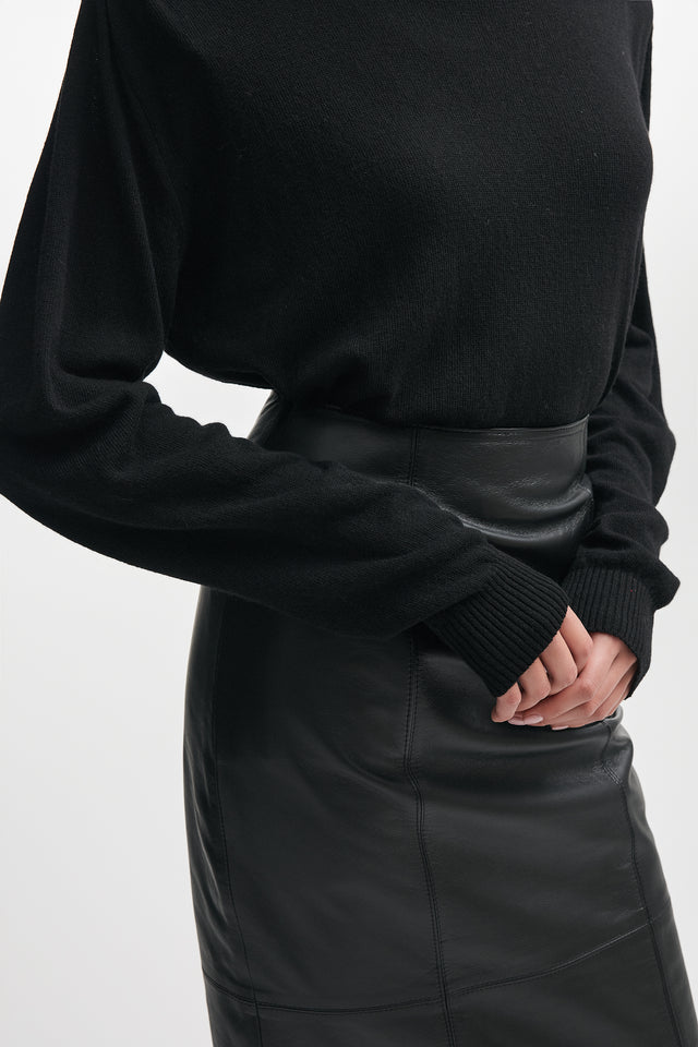 LONDON LEATHER MIDI SKIRT BLACK