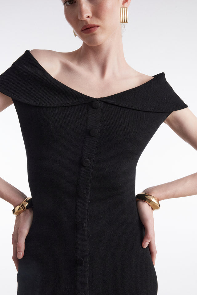 FINE LINE KNITTED DRESS MIDI BLACK