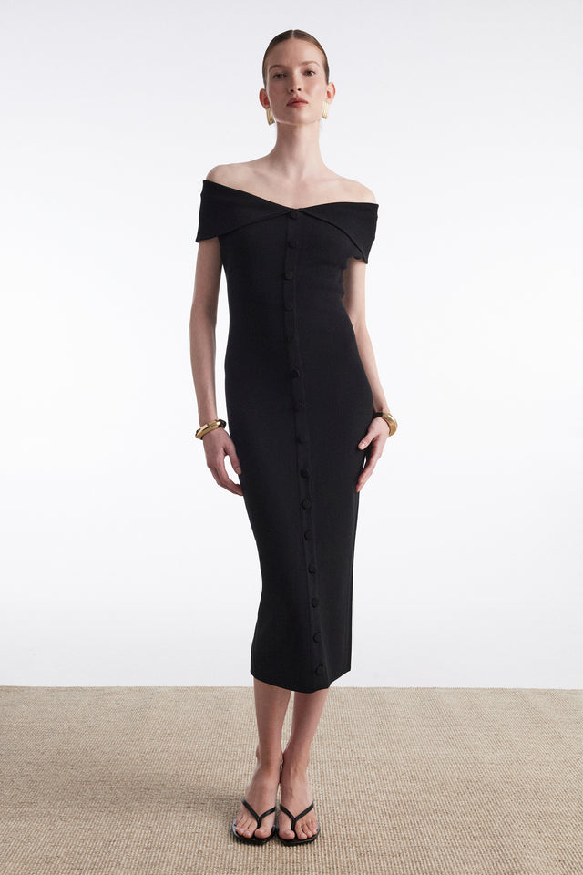 FINE LINE KNITTED DRESS MIDI BLACK