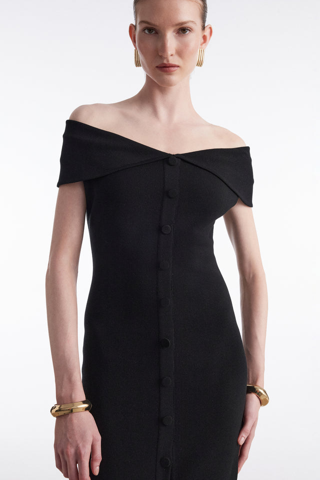 FINE LINE KNITTED DRESS MIDI BLACK