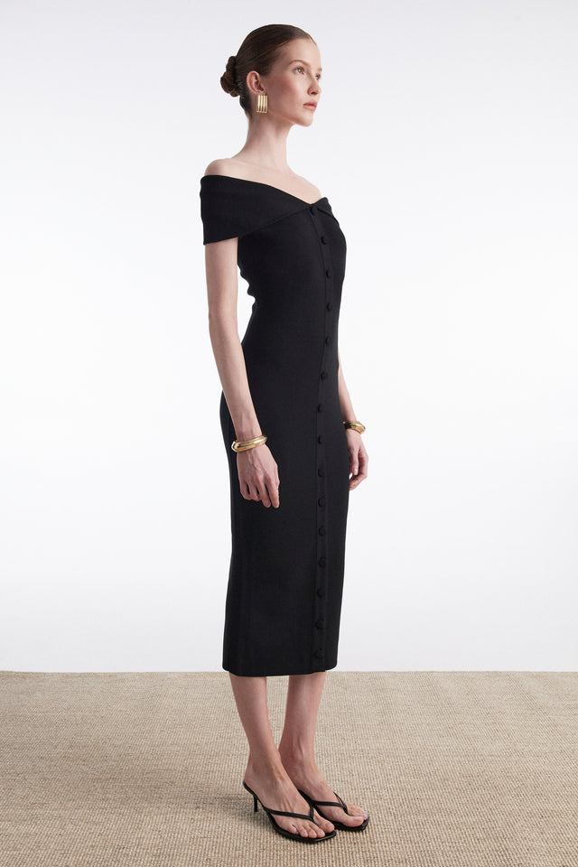 FINE LINE KNITTED DRESS MIDI BLACK