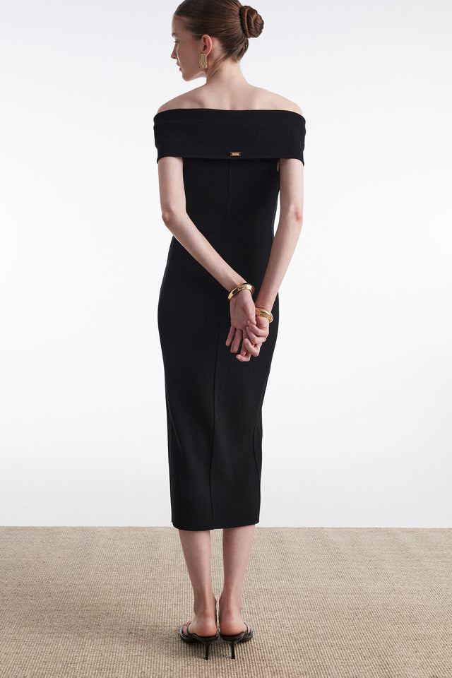 FINE LINE KNITTED DRESS MIDI BLACK