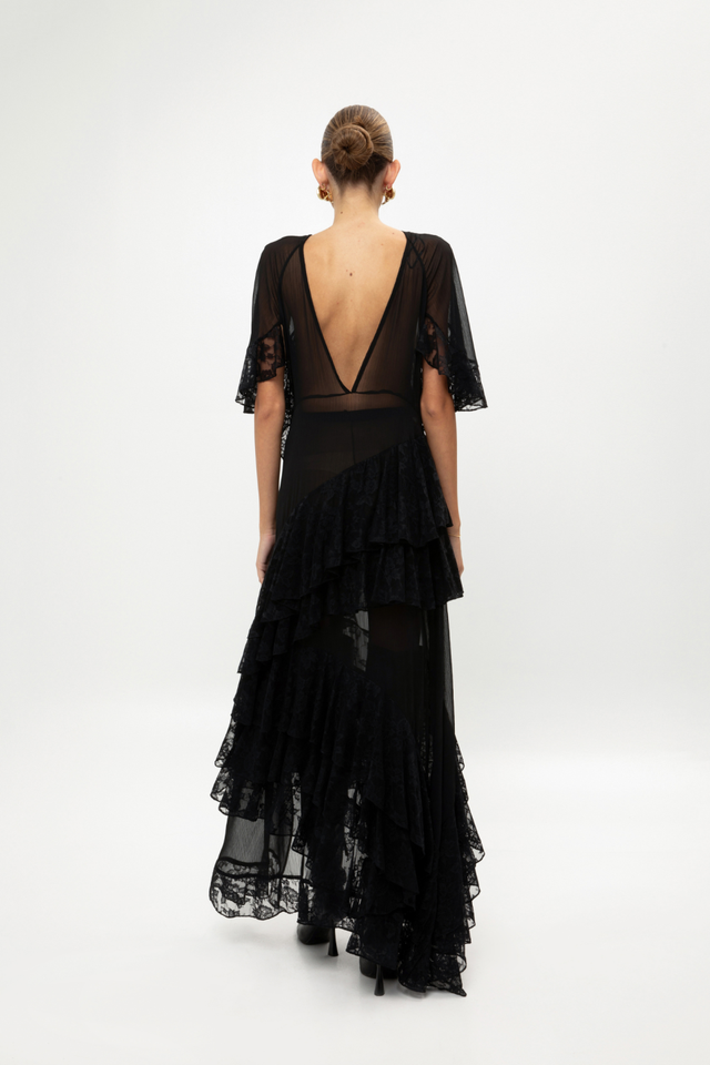 BLACK RUFFLED MAXI DRESS