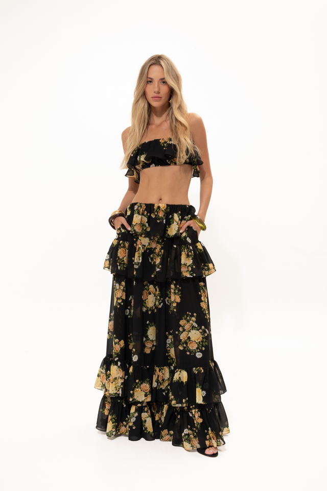 BLACK FLORAL RUFFLED SKIRT