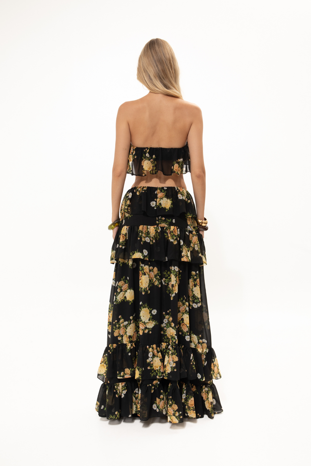BLACK FLORAL RUFFLED SKIRT
