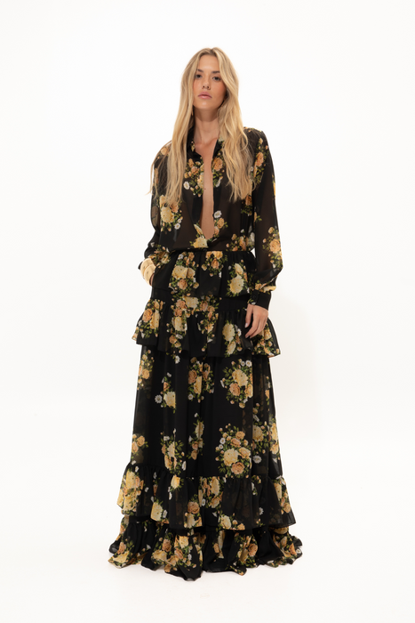BLACK FLORAL RUFFLED SKIRT