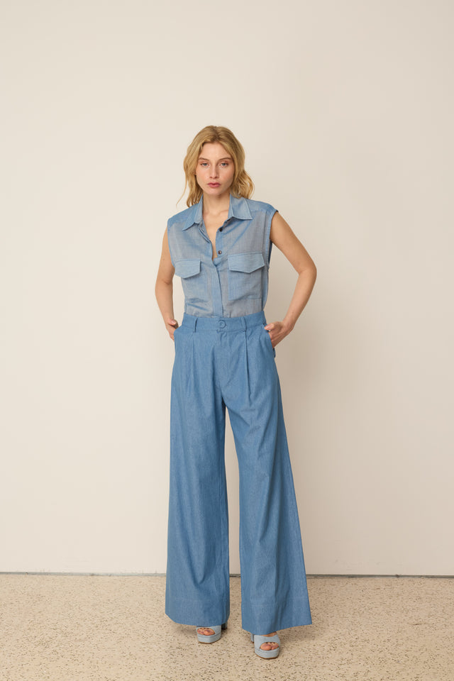 LIGHT BLUE DENIM WIDE PANTS