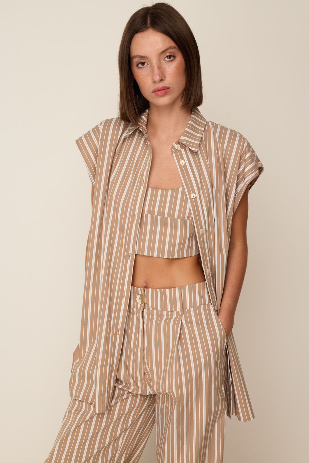 BEIGE STRIPED SLIT SHIRT