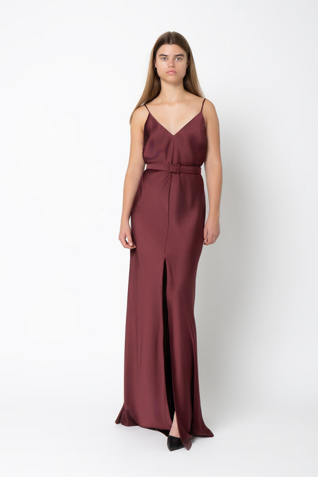 SLIP DRESS WITH BELT BORDEAUX