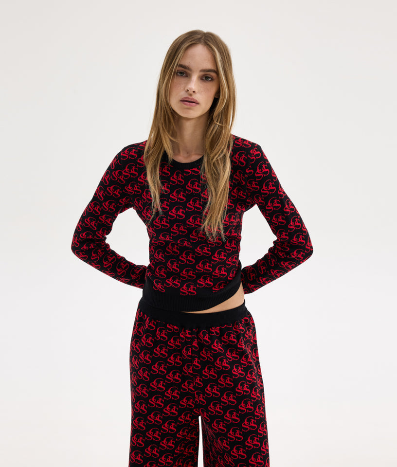 NANCY KNIT PANTS BLACK/RED SSG PRINT