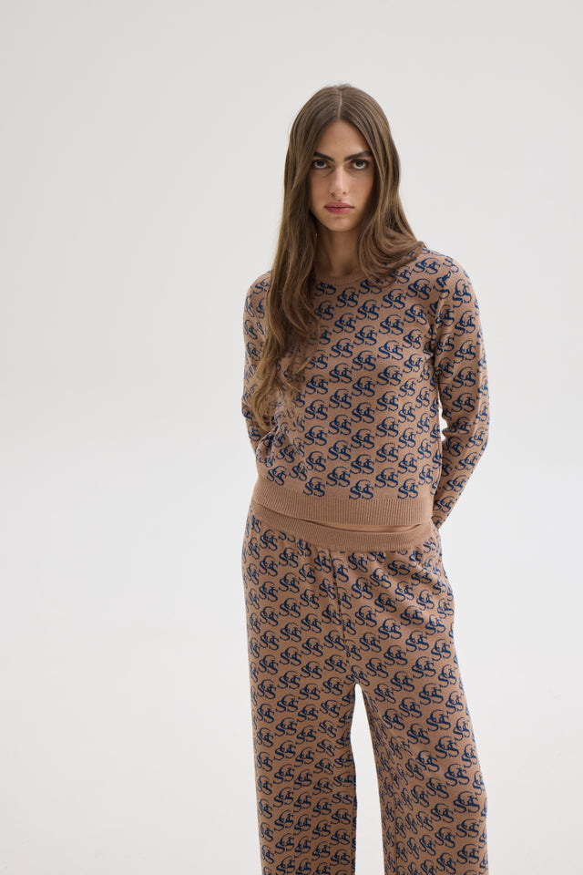 NANCY KNIT TOP BEIGE/BLUE SSG PRINT