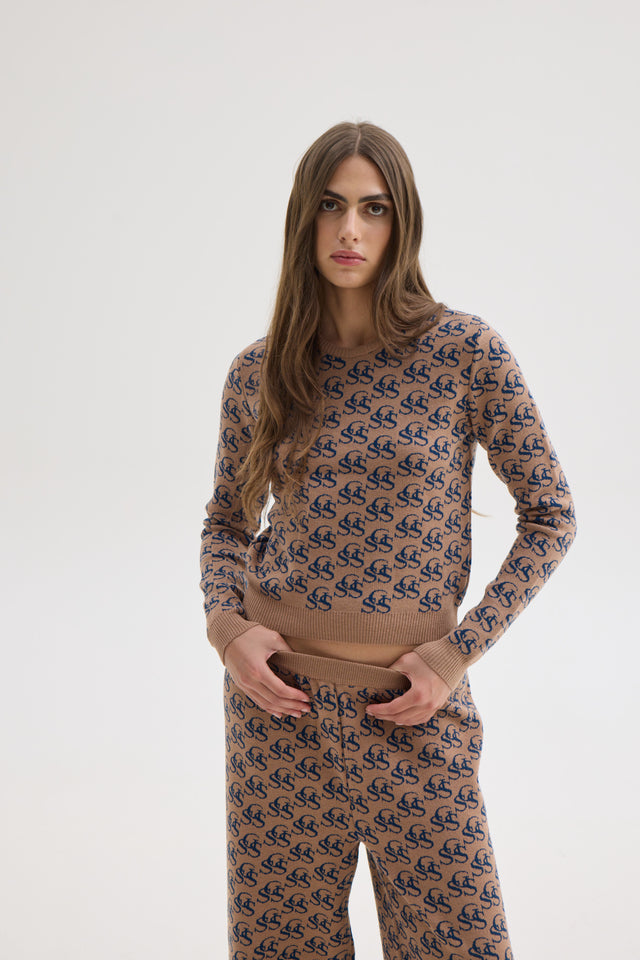 NANCY KNIT TOP BEIGE/BLUE SSG PRINT