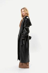 BLACK FAUX LEATHER TRENCH COAT