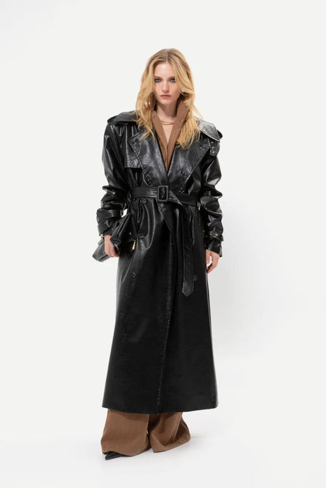 BLACK FAUX LEATHER TRENCH COAT