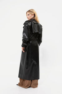 BLACK FAUX LEATHER TRENCH COAT