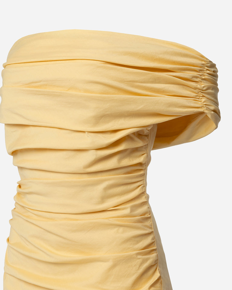 BUTTER YELLOW DRAPED MIDI DRESS