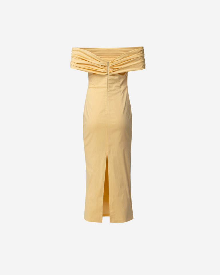 BUTTER YELLOW DRAPED MIDI DRESS