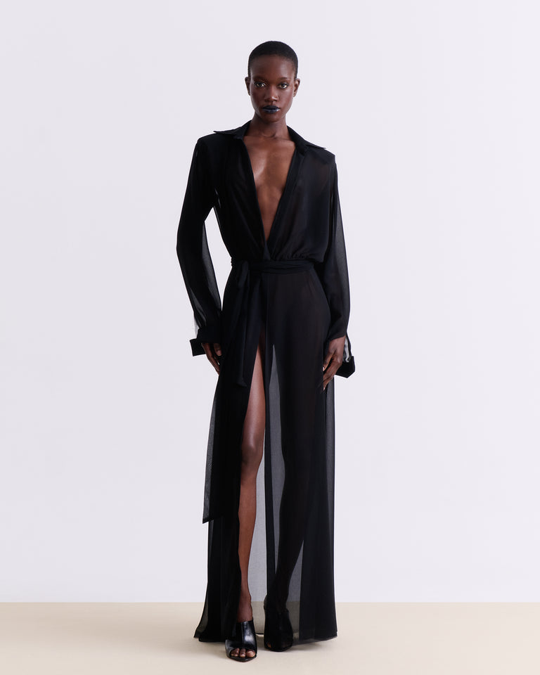 BLACK SILK SHEER MAXI DRESS