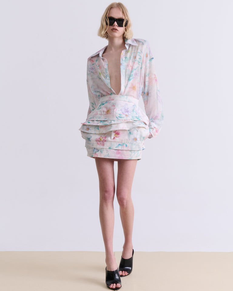PASTEL FLORAL DENIM MINI SKIRT