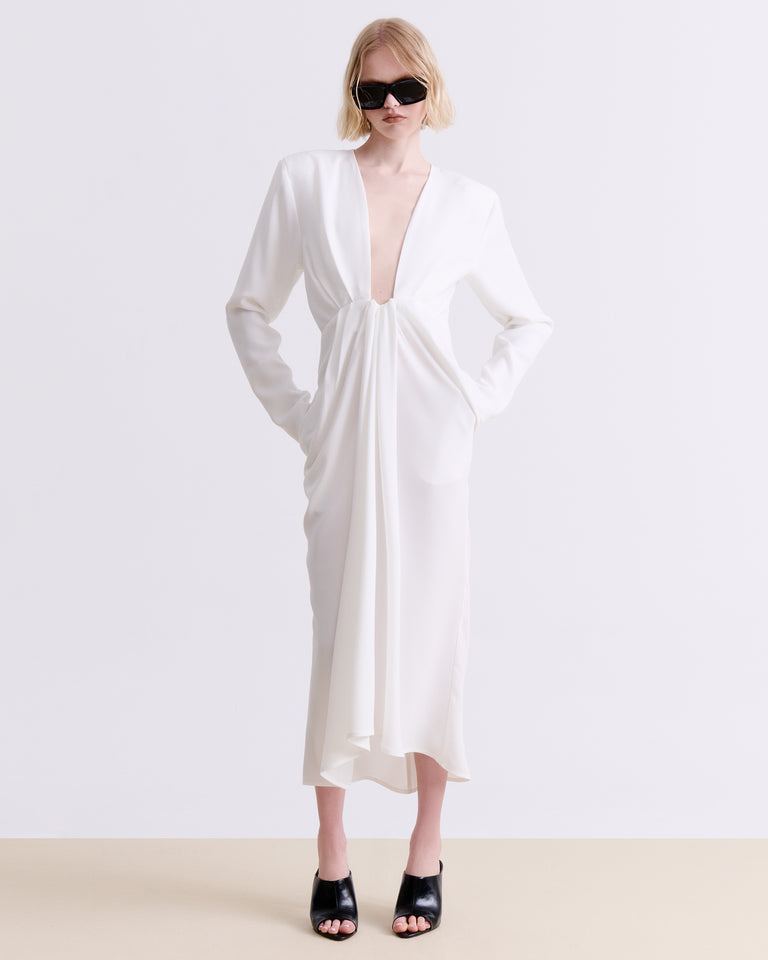 WHITE DRAPED MIDI DRESS
