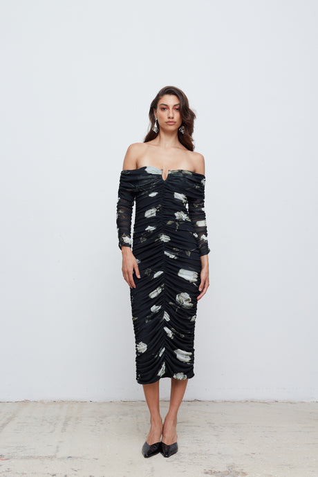 LOUISE OFF SHOULDER DRESS | BLACK/WHITE PEONIES