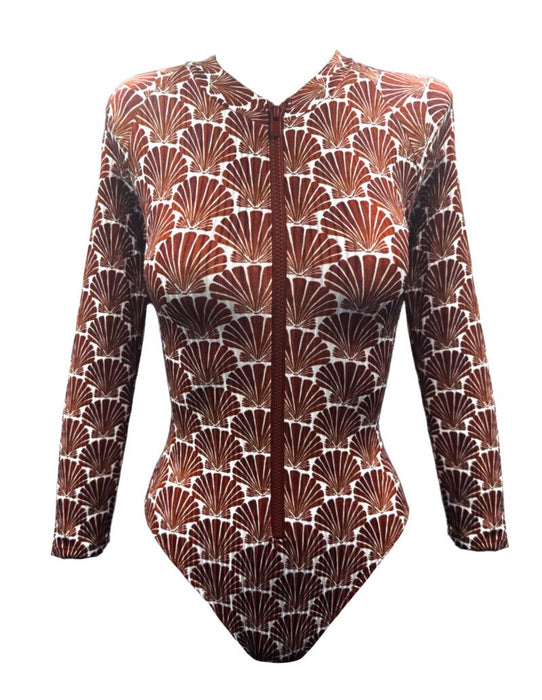 BROWN SEASHELL LONG SLEEVE ONE PIECE