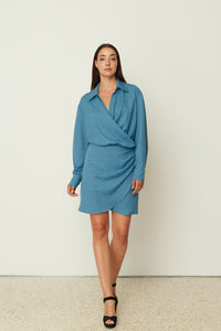 BLUE JACQUARD WRAP DRESS