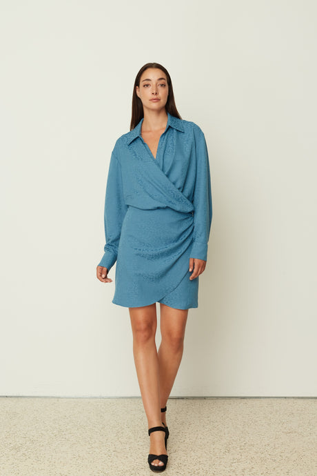 BLUE JACQUARD WRAP DRESS