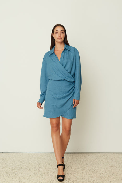 BLUE JACQUARD WRAP DRESS