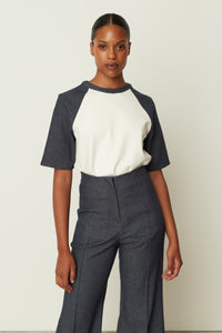 DENIM LOOK SLEEVE T-SHIRT WHITE