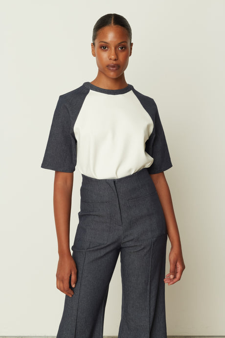 DENIM LOOK SLEEVE T-SHIRT WHITE