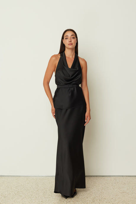 SATIN LONG SKIRT BLACK