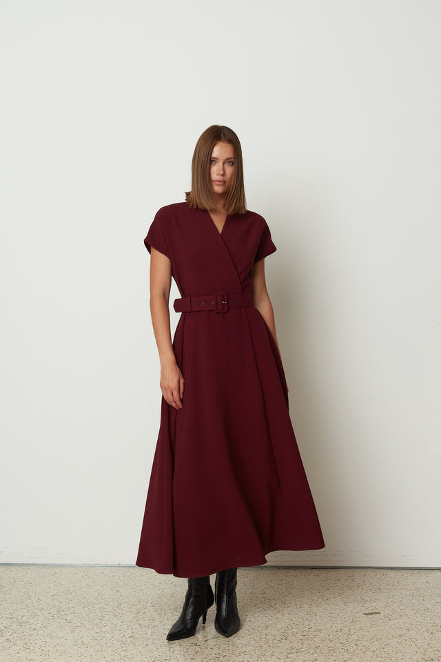 FOLD OVER MIDI DRESS BORDEAUX