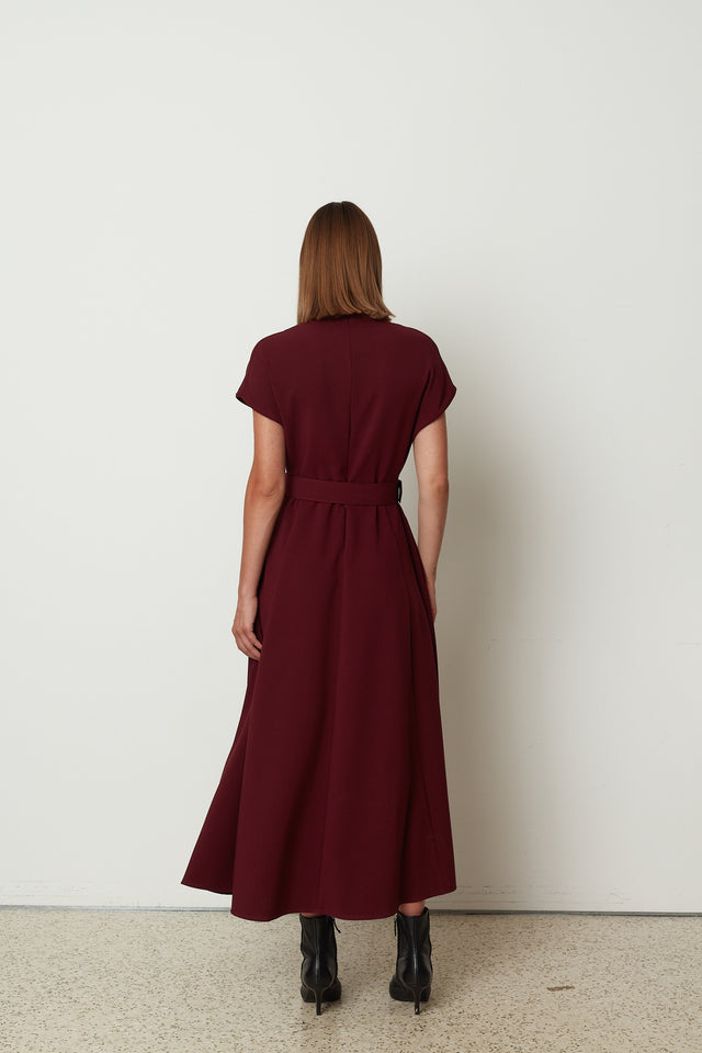FOLD OVER MIDI DRESS BORDEAUX