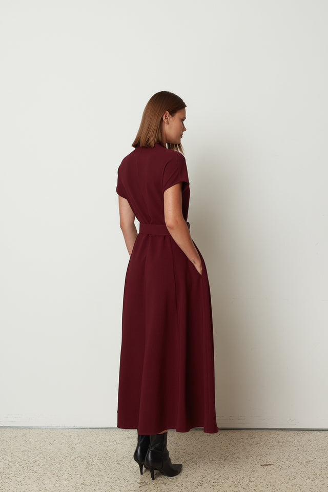 FOLD OVER MIDI DRESS BORDEAUX