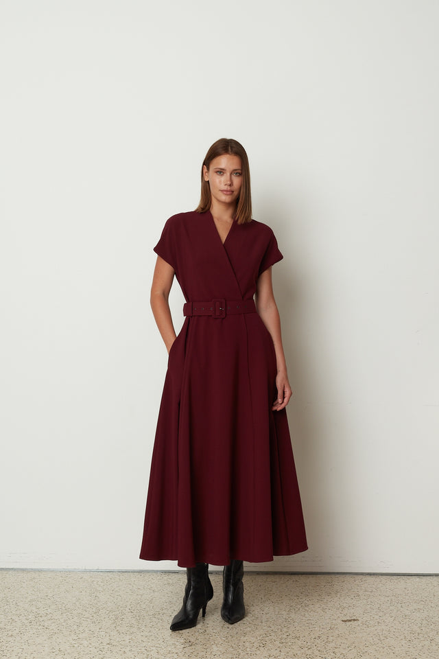 FOLD OVER MIDI DRESS BORDEAUX