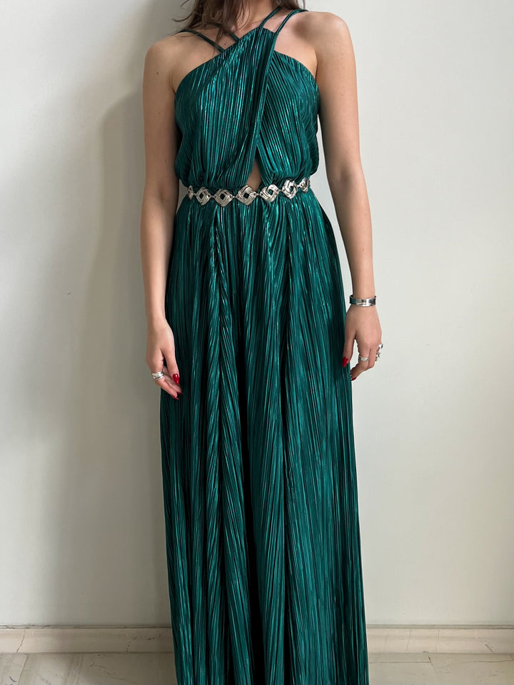PLEATED DRESS GREEN ONE SIZE