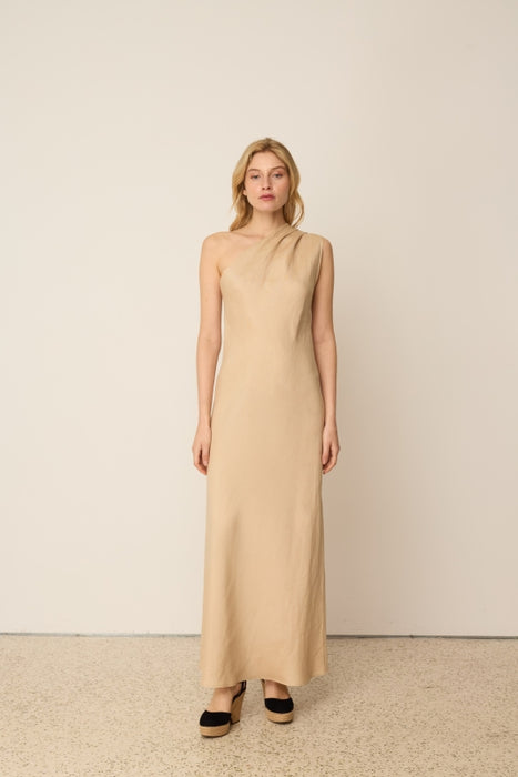 BEIGE LINEN ONE-SHOULDER DRESS