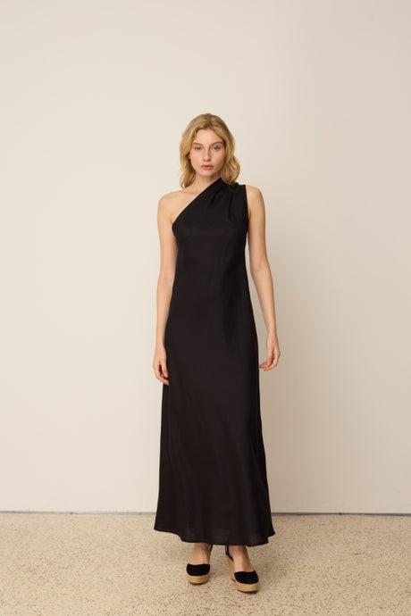 BLACK LINEN ONE-SHOULDER DRESS