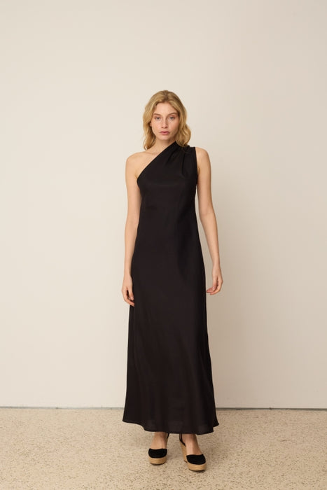BLACK LINEN ONE-SHOULDER DRESS