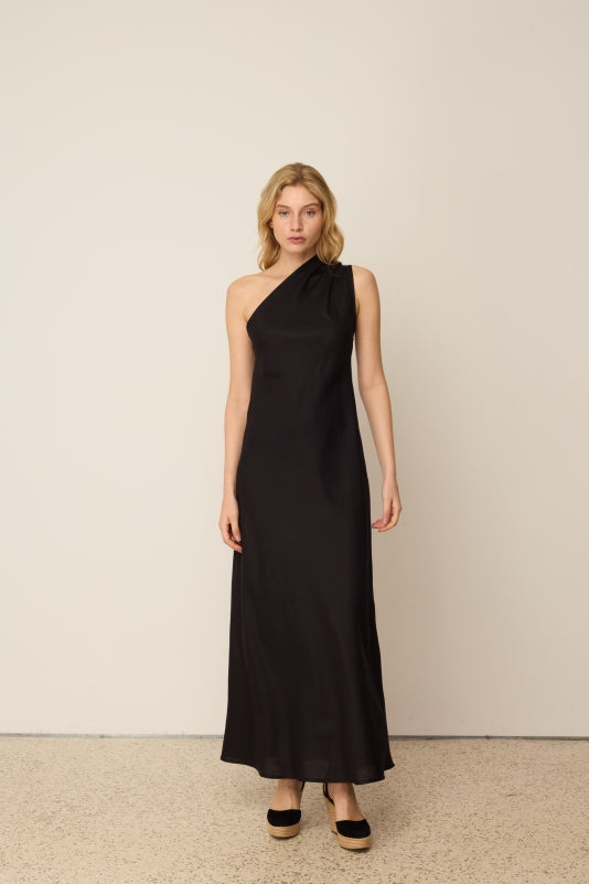 BLACK LINEN ONE-SHOULDER DRESS