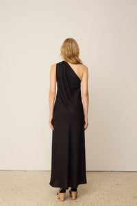 BLACK LINEN ONE-SHOULDER DRESS