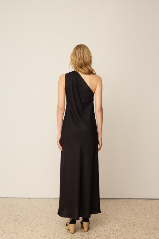 BLACK LINEN ONE-SHOULDER DRESS