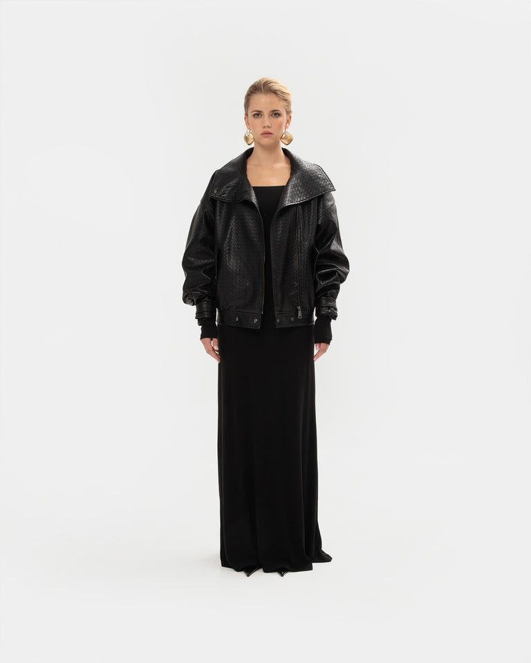 PANAMA WEAVE BLACK BOMBER JACKET