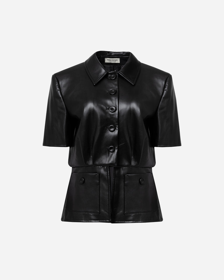 BLACK FAUX LEATHER SHORT-SLEEVE TOP