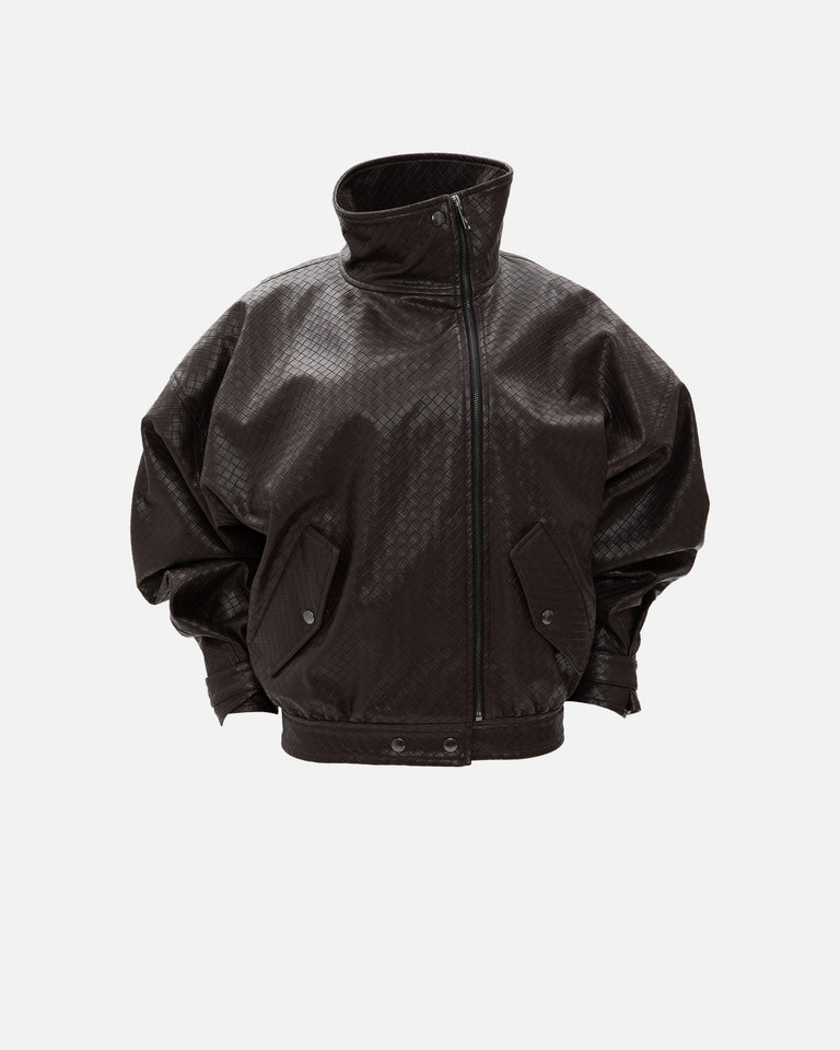 BROWN PANAMA WEAVE FAUX LEATHER JACKET