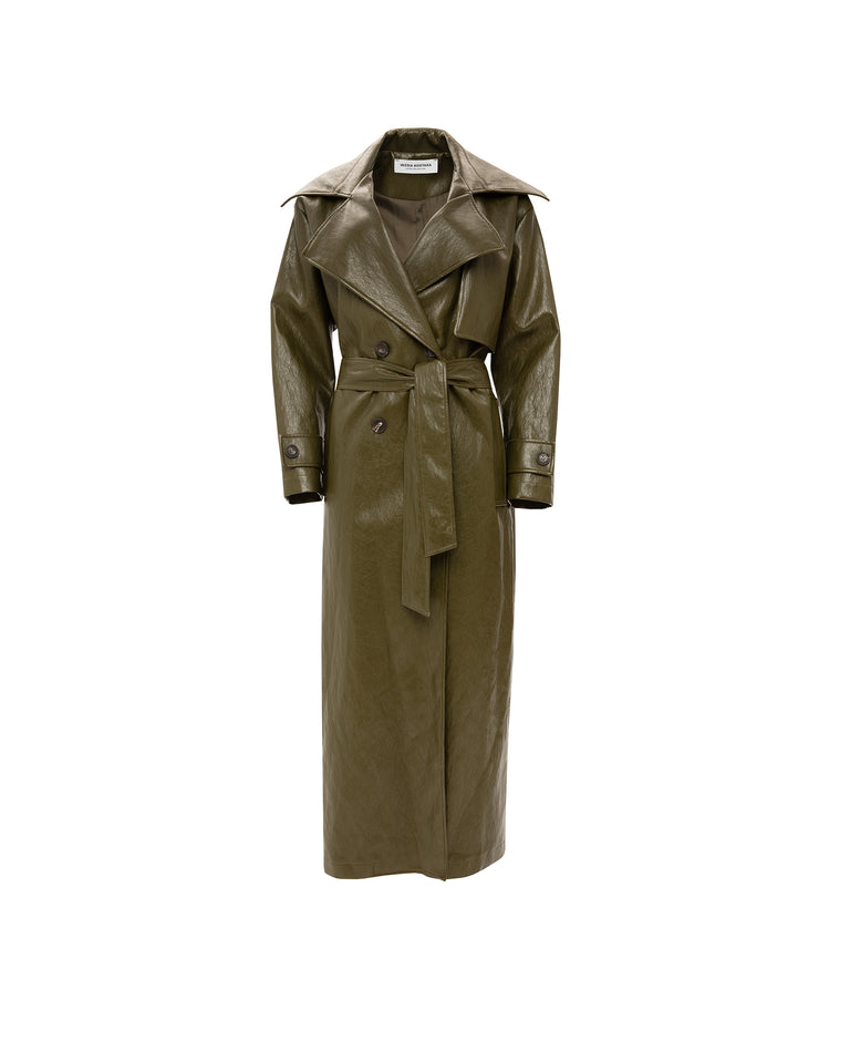 KHAKI FAUX LEATHER TRENCH COAT
