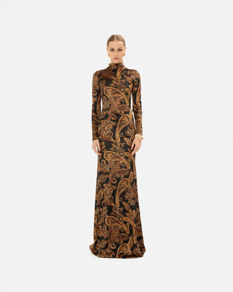 GOLDEN-BROWN PAISLEY HIGH-NECK DRESS
